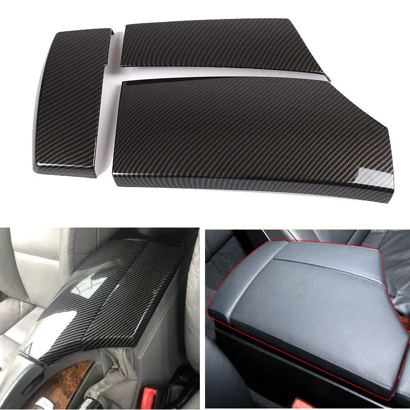 Set of three black ABS protective covers with a carbon fibre weave pattern for car armrest boxes.