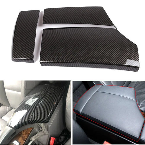 Set of three black ABS protective covers with a carbon fibre weave pattern for car armrest boxes.
