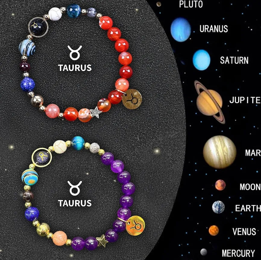 Twelve individual zodiac sign bracelets with natural stone beads and constellation charms on adjustable cords