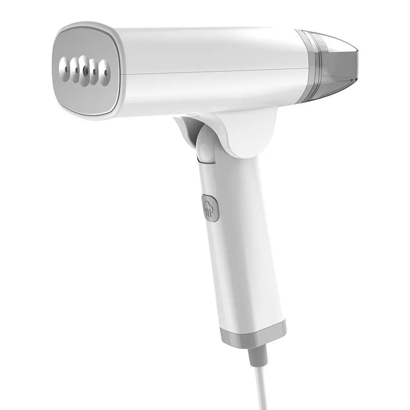 Blue and white handheld garment steamer with hanging mechanism and 1300W power rating