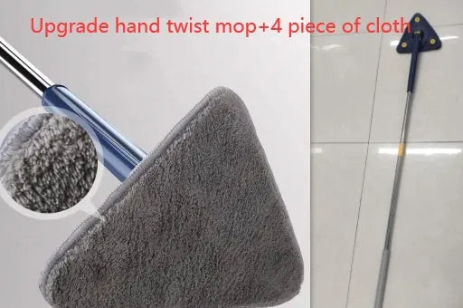 Blue triangular cleaning mop with 360-degree rotating head and adjustable stainless steel pole extended for use