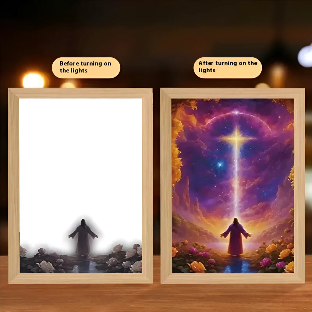 Modern rectangular LED photo frame displaying changeable sea scene artwork with built-in illumination