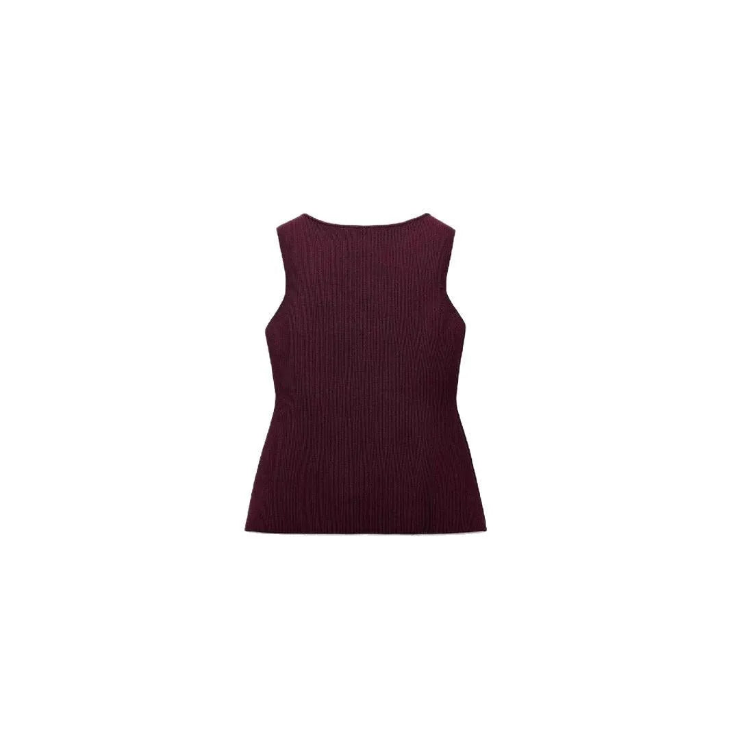Women's dark red sleeveless sweater vest with gold buttons and 3D pattern, slim fit viscose cardigan
