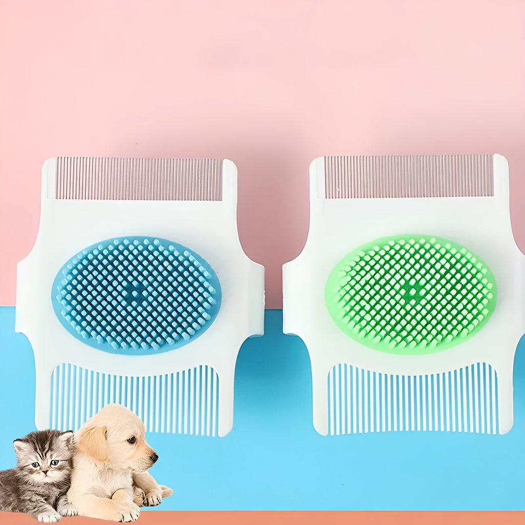 Blue and green multifunctional pet comb grooming tool with hair removal, massage, and flea removal functions