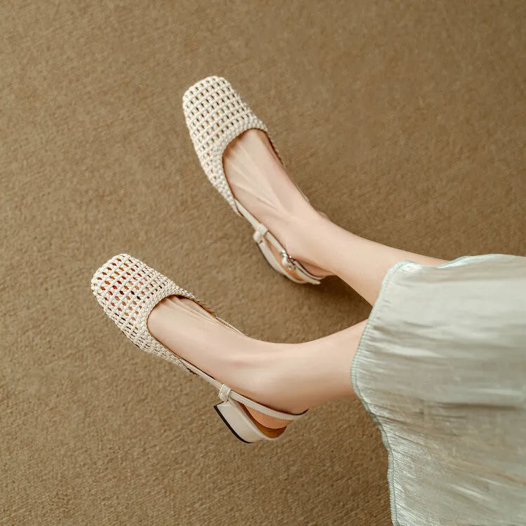 Women's beige woven hollow-out closed toe sandals with chunky 4cm heel and buckle fastening