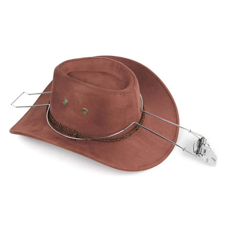 Brown chrome-plated metal car hat stand for interior coat and hat organisation.