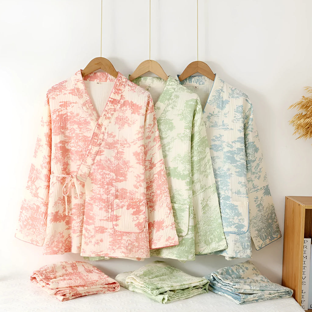 Women's cotton gauze homewear set with long sleeve top and lace-up trousers in frosted pine tree colours