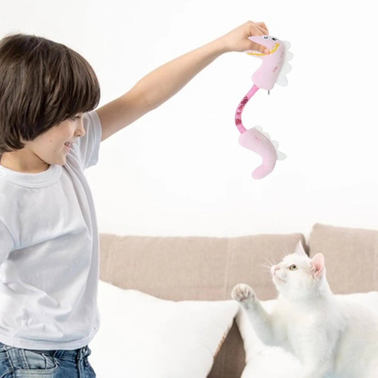 Set of four colourful plush cat toys including a mouse, fish, bunny, and chew toy on a white background.