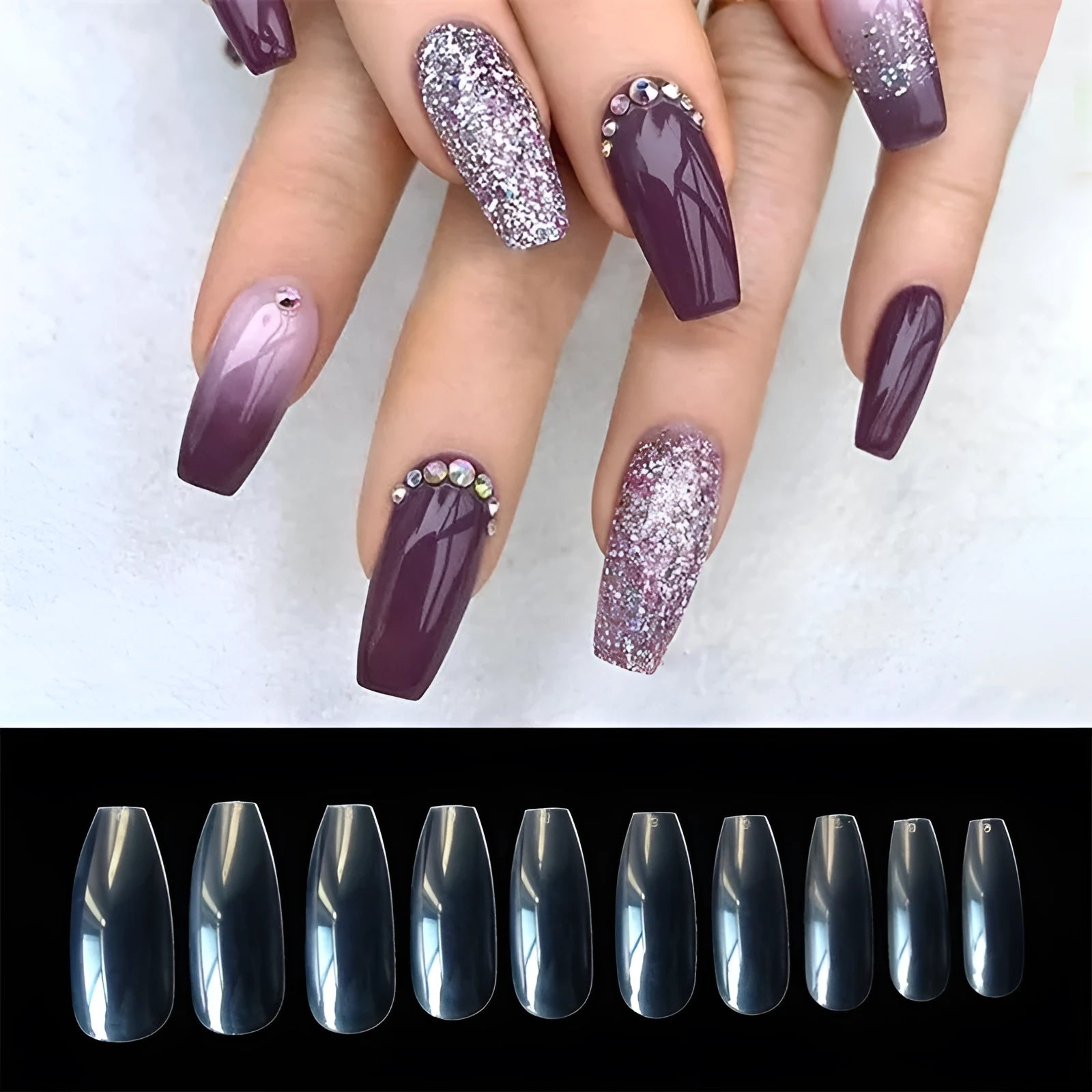 500 transparent false nails in natural clear colour with 10 different sizes for professional or home use