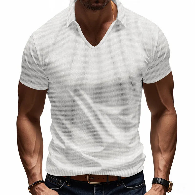 Men's loose fit V-neck short sleeve T-shirt in a light blue cotton blend fabric