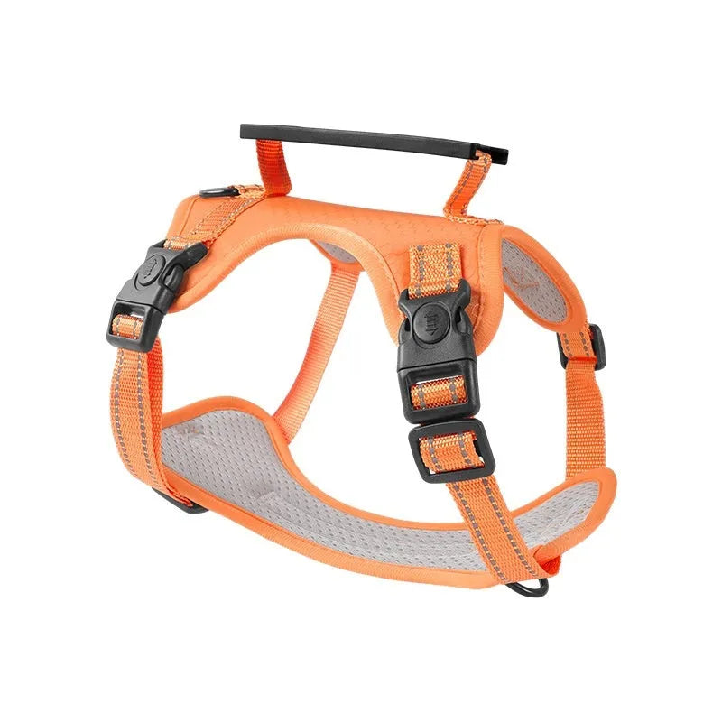 Adjustable polyester dog chest harness and lead in one of six colours: black, yellow, red, orange, pink, or Lake Blue.