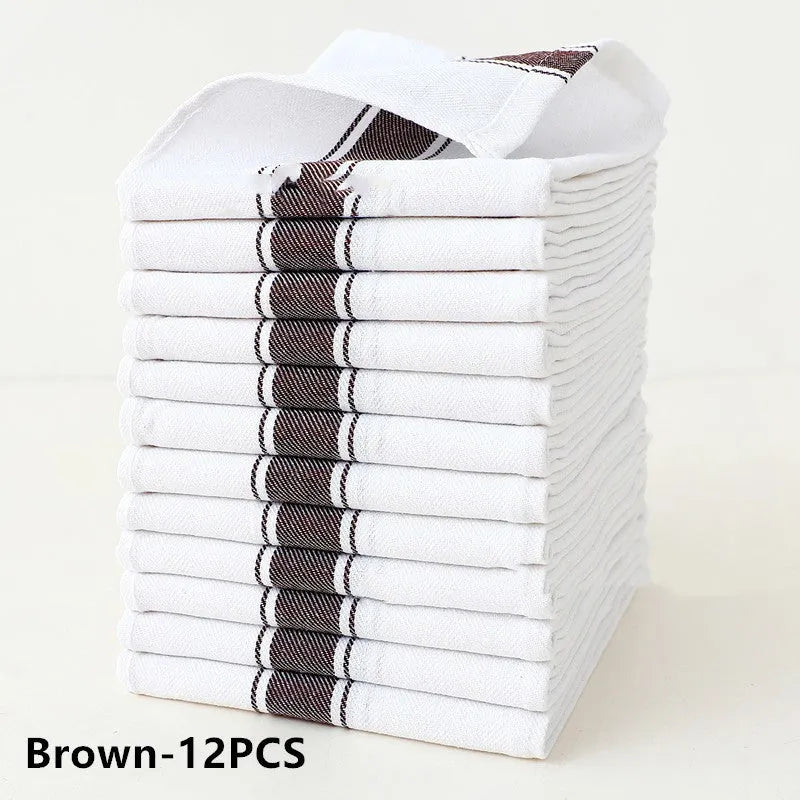 A stack of striped polyester-cotton dish towels in various colours, showing their 48x70cm size.