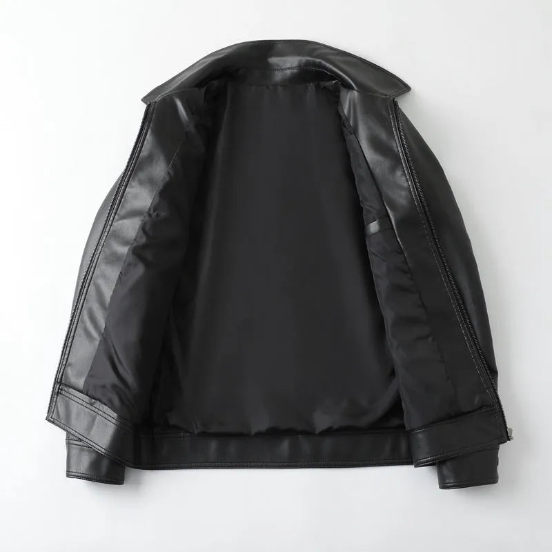 Black men's casual loose fit PU leather jacket with zippered pockets