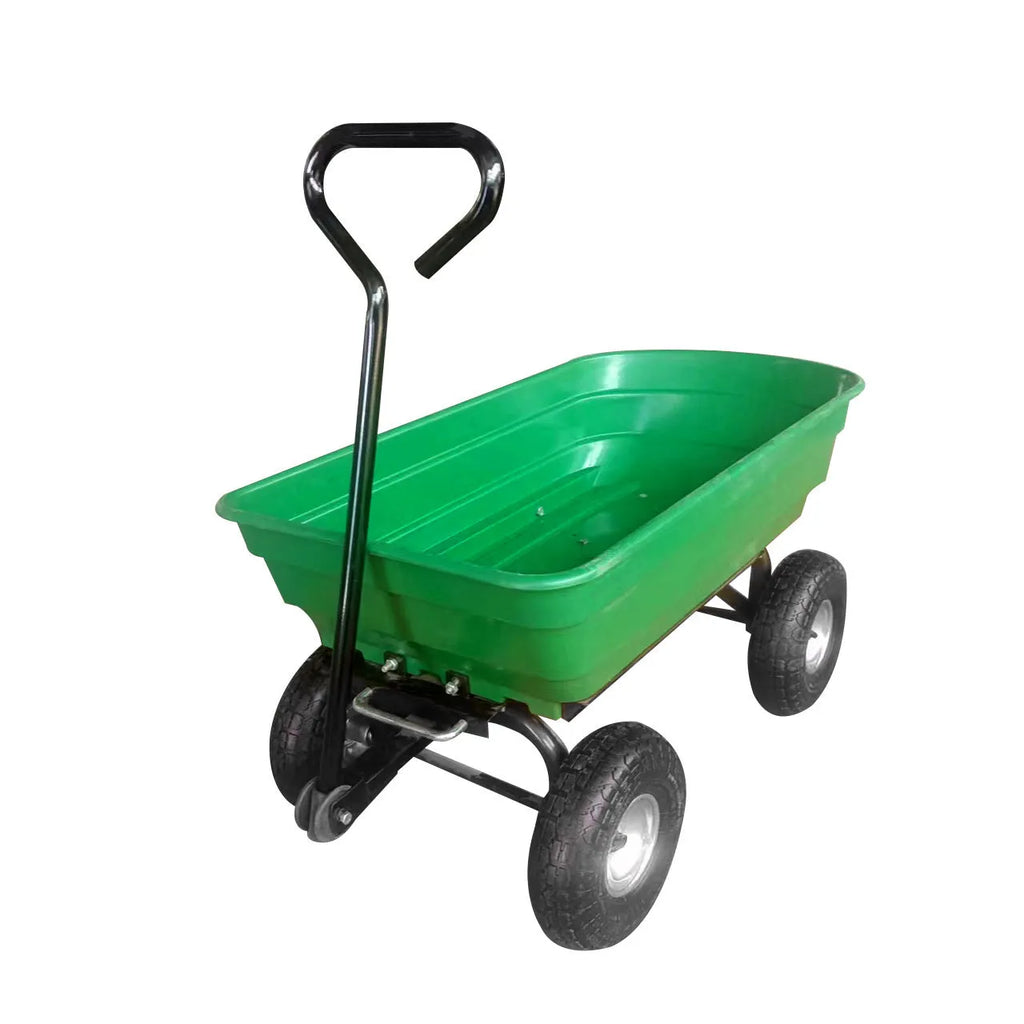 Green four-wheel plastic dump truck for agricultural tools with steel frame