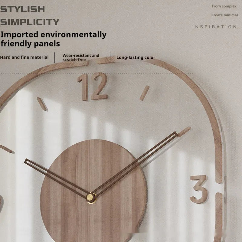 Square transparent wall clock with wooden frame modern design measuring 35cm
