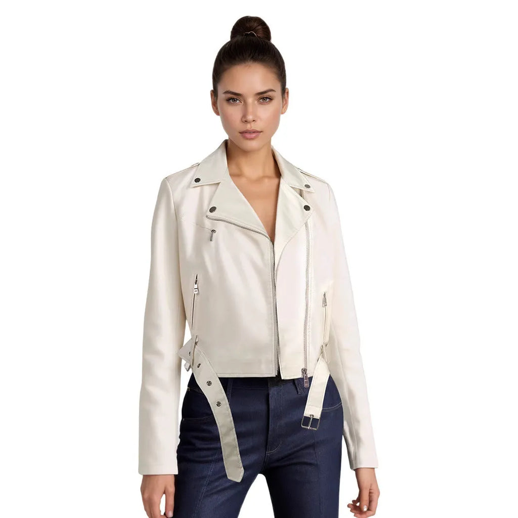 Women's black PU leather motorcycle jacket with lapel collar and decorative belt