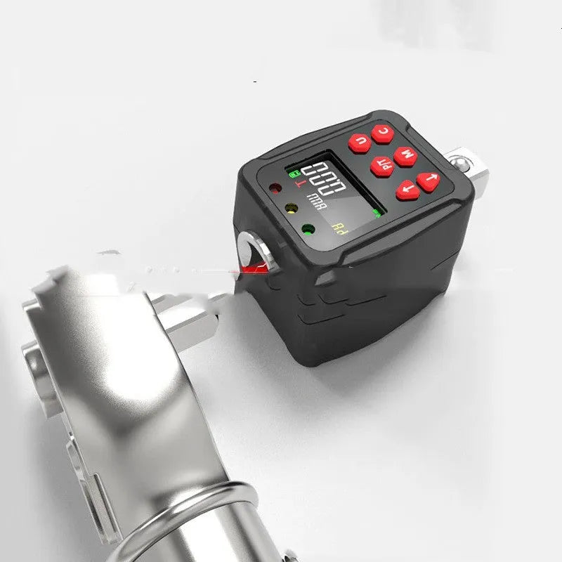 1/2 inch drive digital torque meter with display, part of a three-piece metal set for wrench calibration.