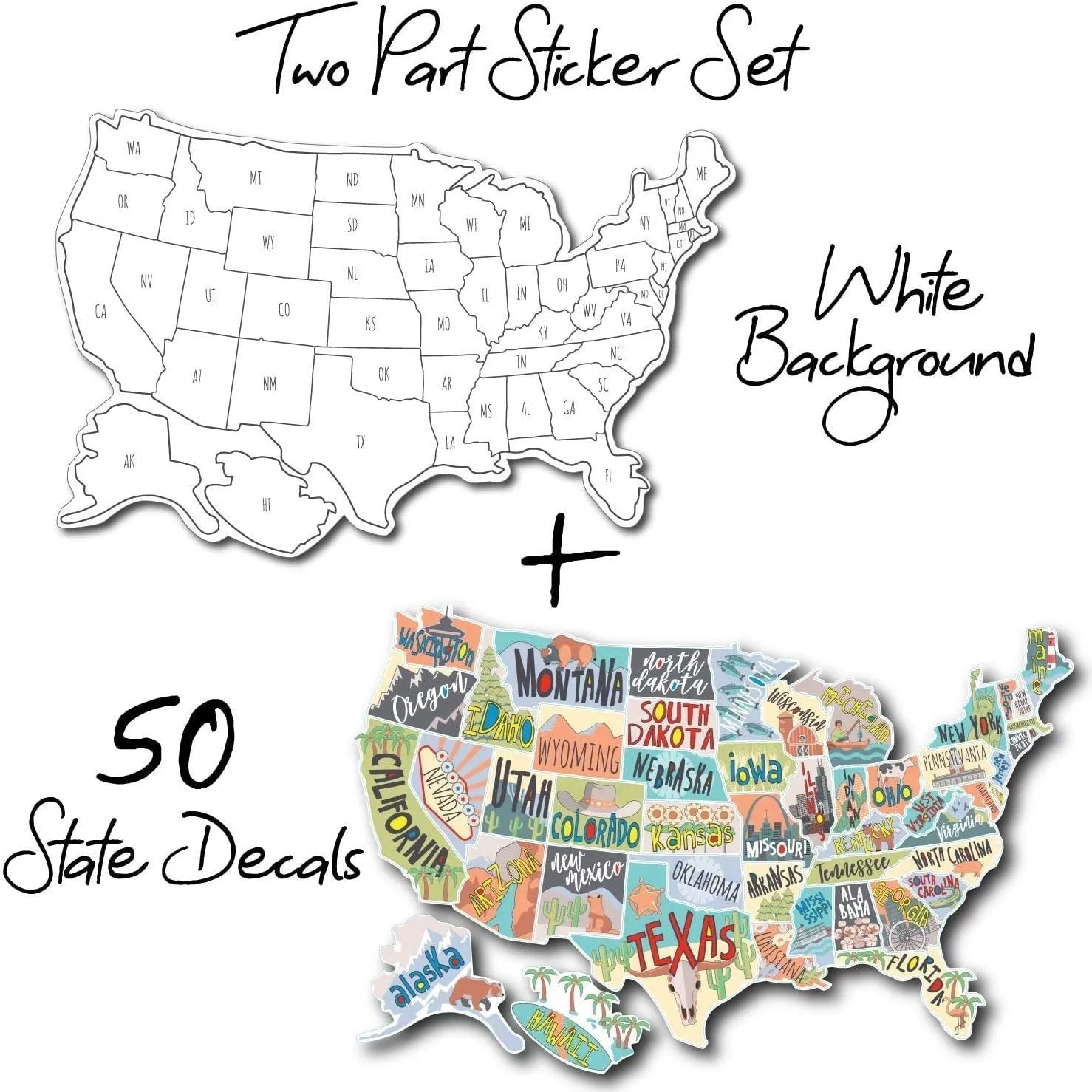 Travel-themed car body sticker set with map design and individual letter decals on white background
