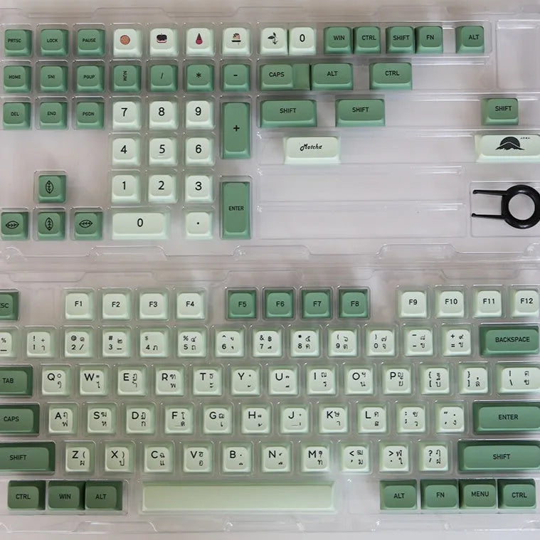 Matcha green PBT keycap set with 124 keys for mechanical keyboards, showing sublimation dye legends.