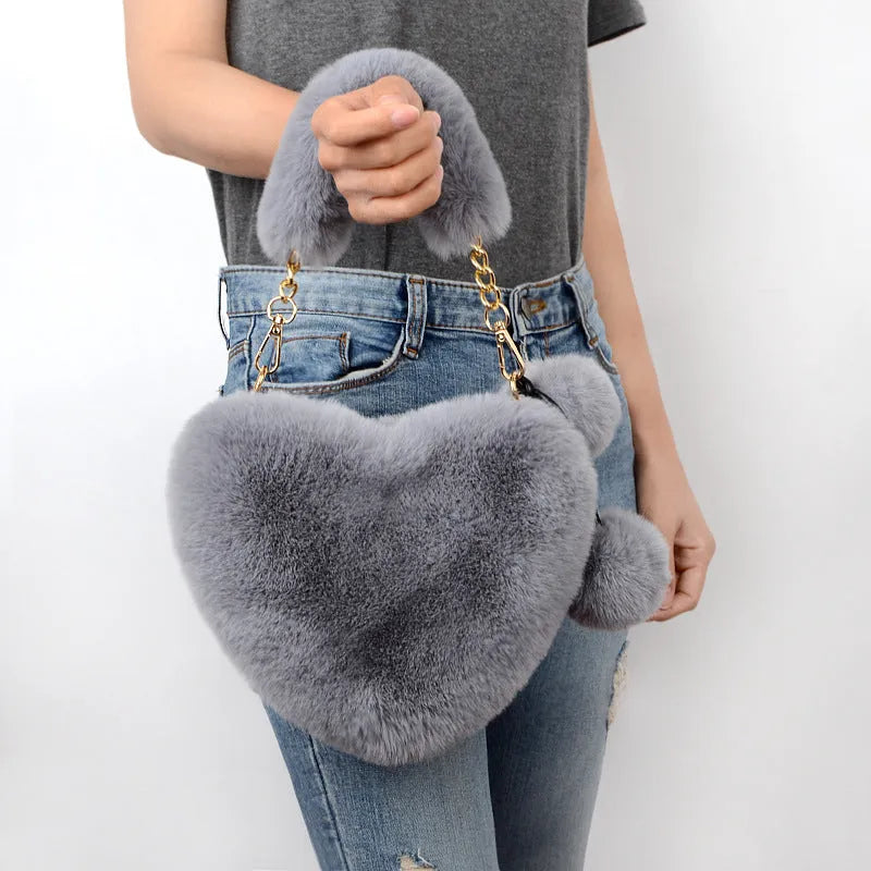 Soft plush heart-shaped women's handbag with zipper closure in various colours