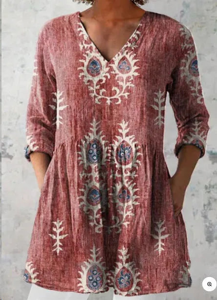Women's printed loose wave dress with wide waist and three-quarter sleeves in a floral pattern.