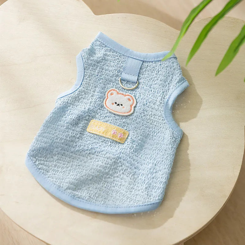 Breathable knitted cat clothing with a hollowed-out cartoon bear patch in blue