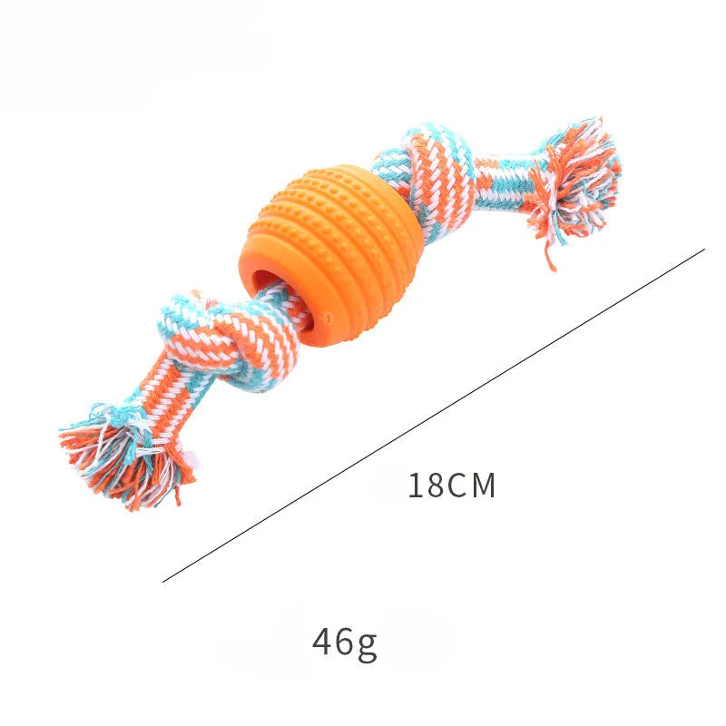 Blue molar-shaped dog chew toy with attached ropes for dental cleaning and tugging play.