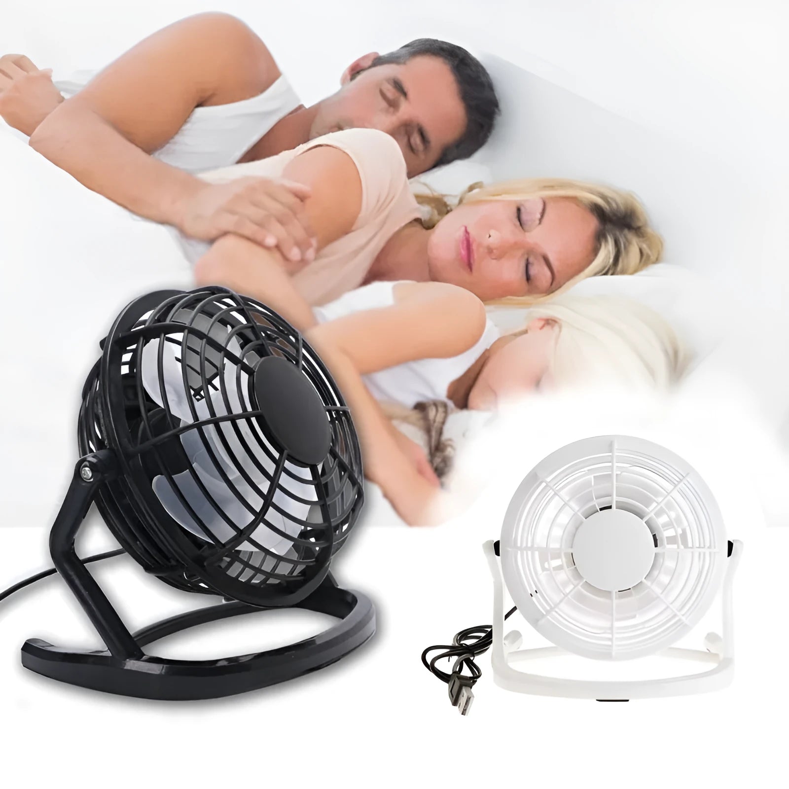 Mini USB desk fan in black colour with adjustable tilt, showing 96mm blades and USB cable