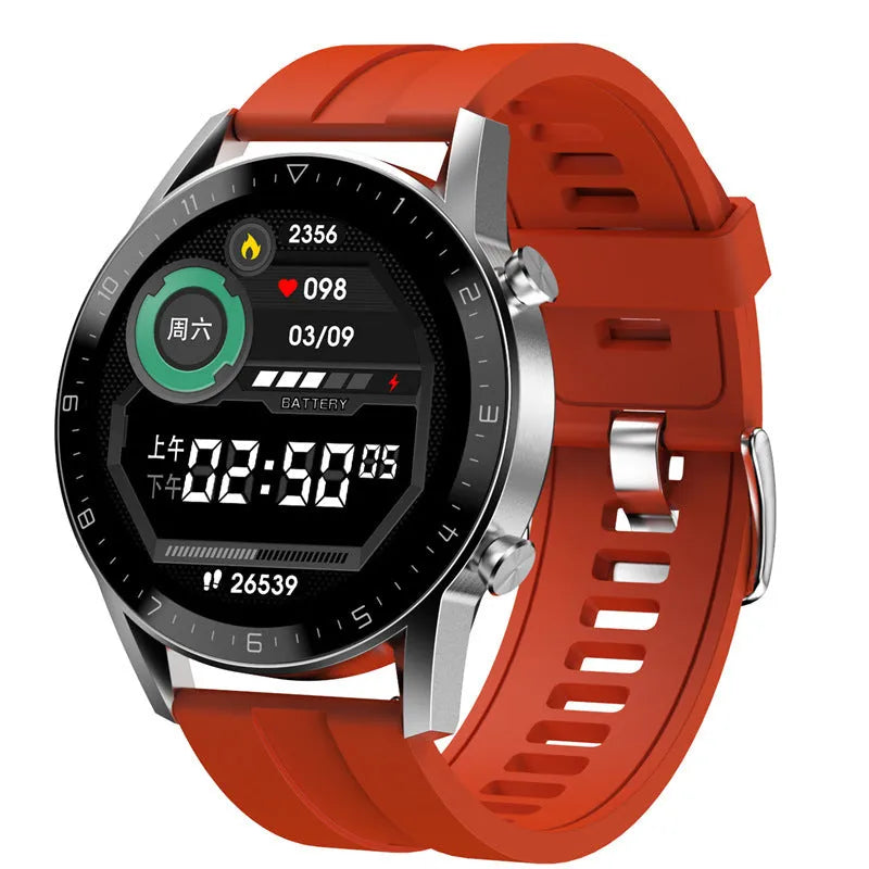 Men's black sports smart watch with 1.3-inch screen and genuine leather strap showing step counting display