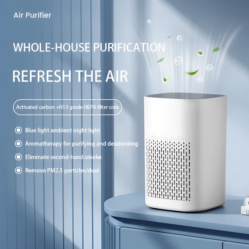 Simple style desktop air purifier with USB cable on a wooden desk