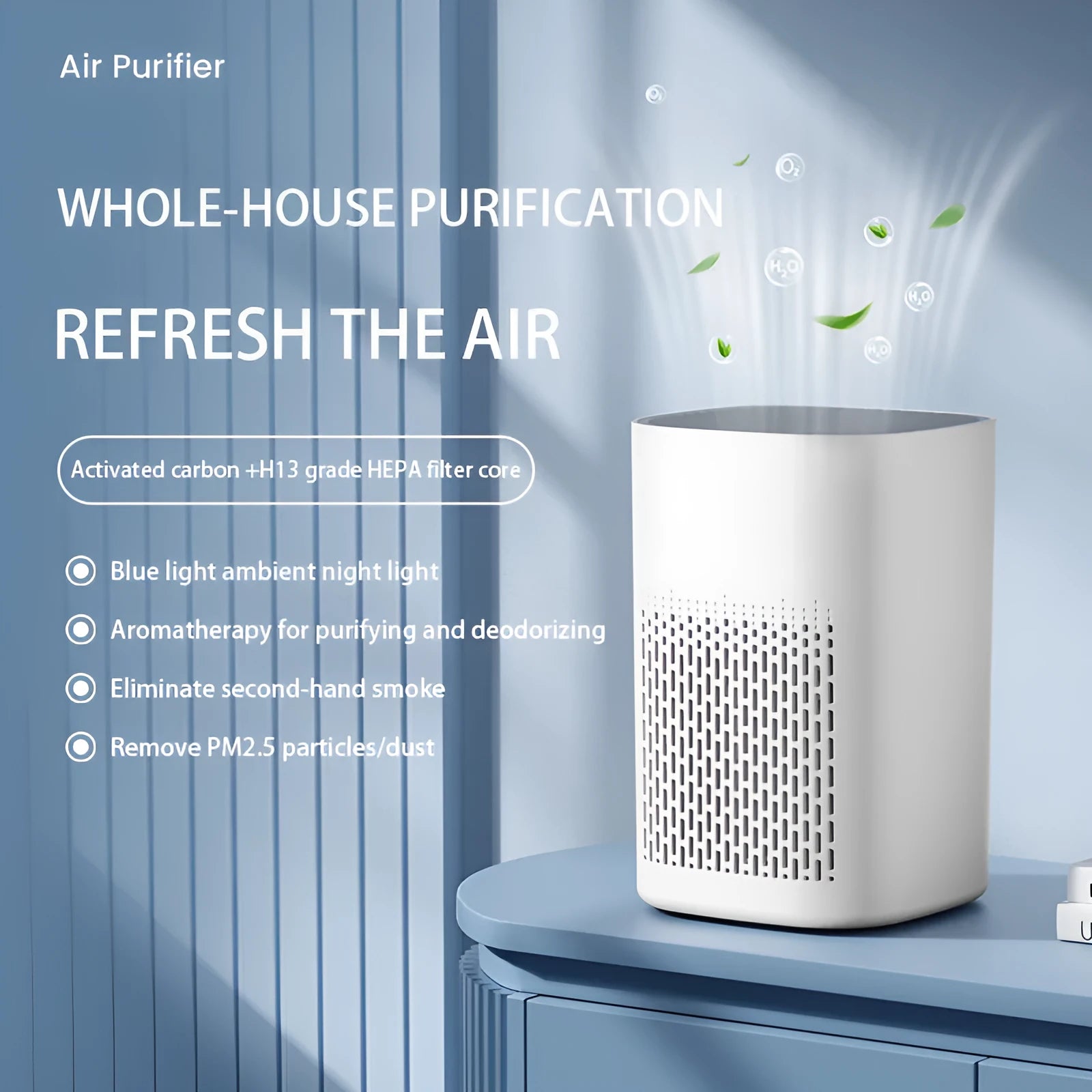Simple style desktop air purifier with USB cable on a wooden desk