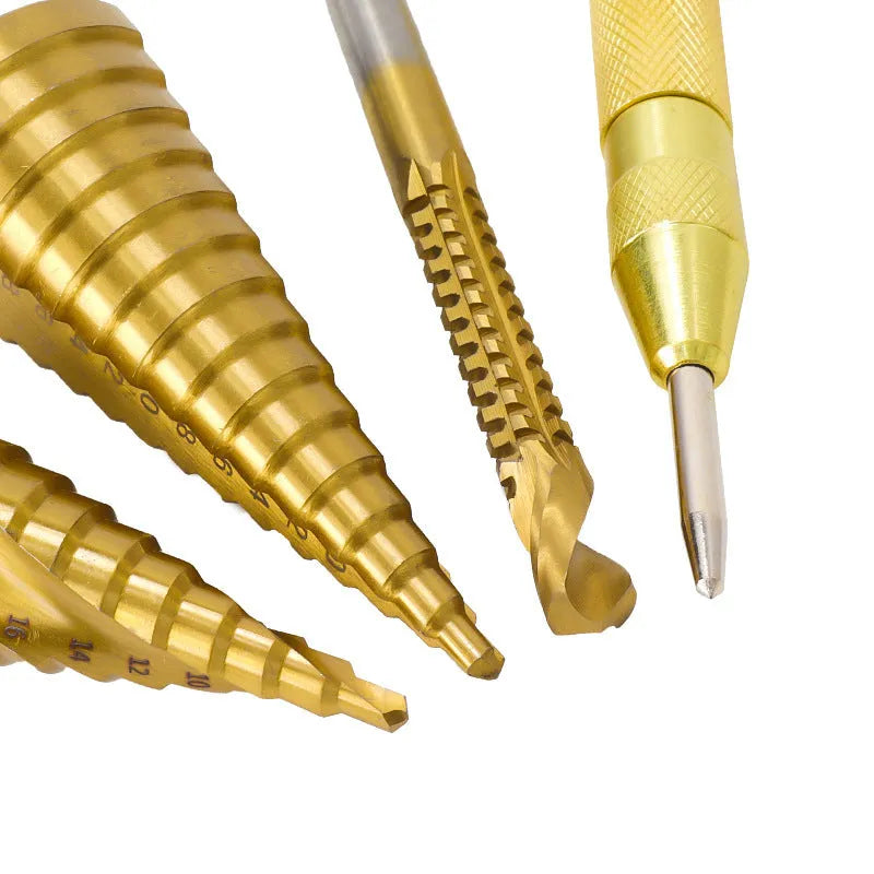 High-speed steel cone drill bit punch set with step bits and centre punch for metal drilling