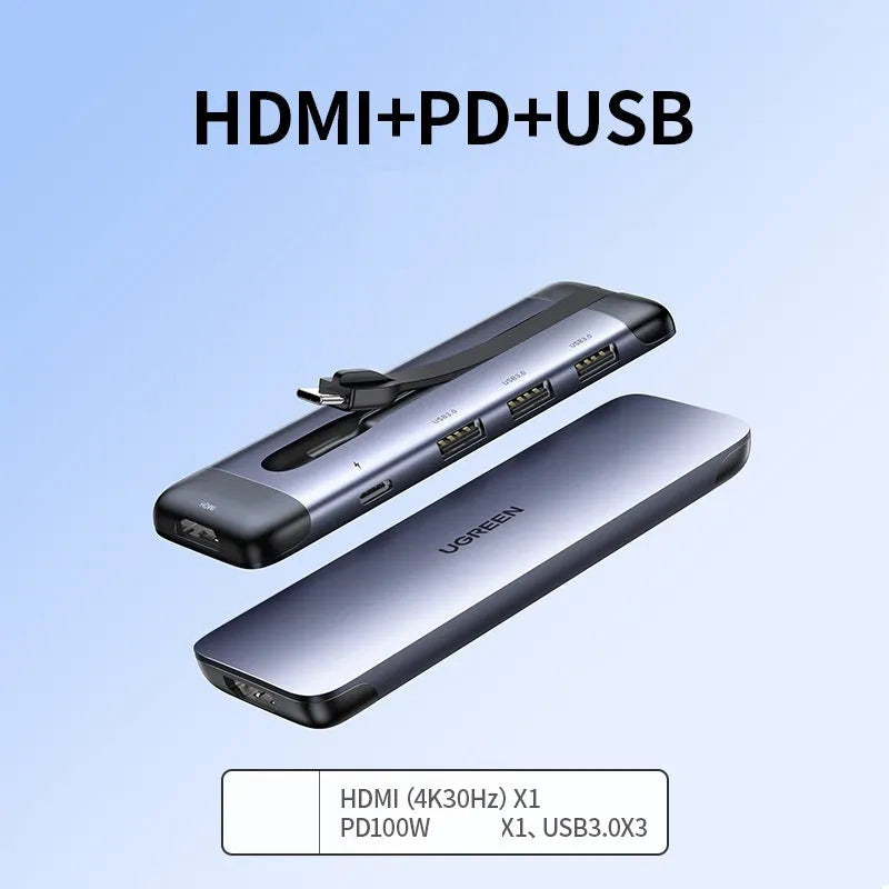 USB-C docking station expansion hub with short cable showing HDMI, USB 3.0, and ethernet ports