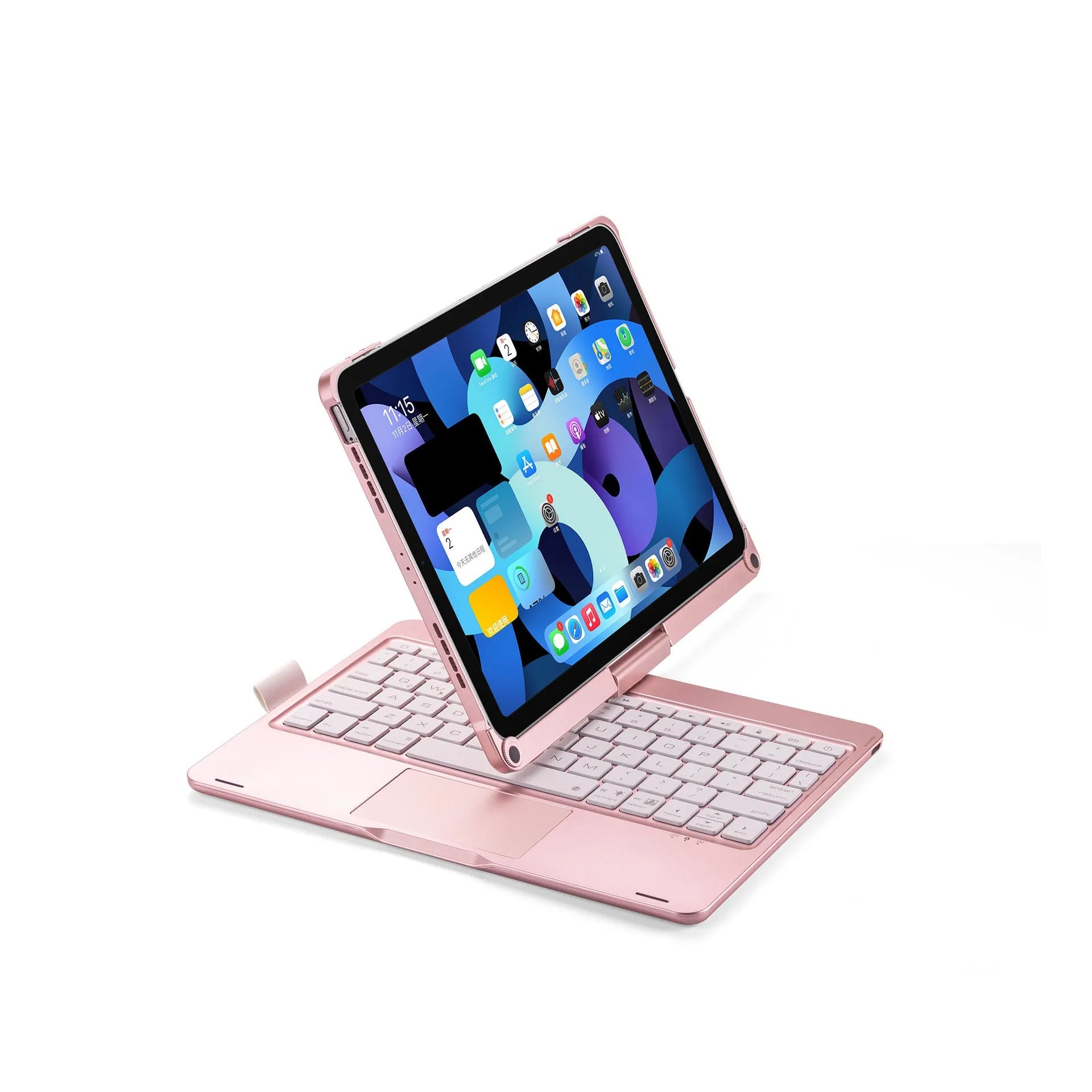 Miaocontrol Bluetooth keyboard with 360-degree rotating stand for iPad tablets in black, rose gold, or silver