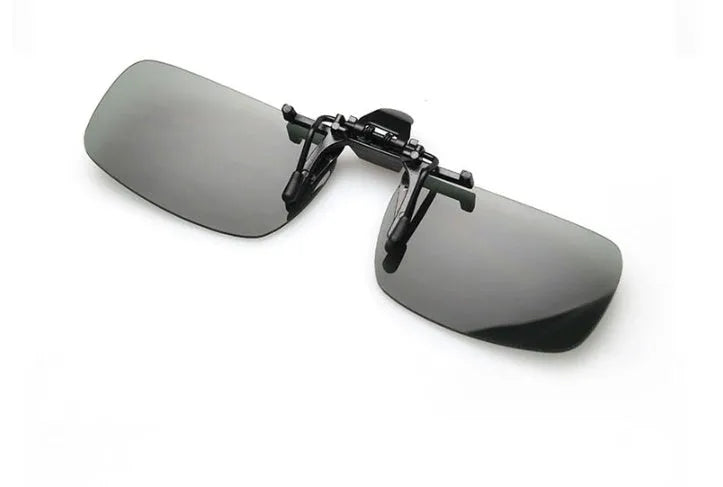 A pair of polycarbonate clip-on sunglasses for prescription glasses, shown in a dark green tint.