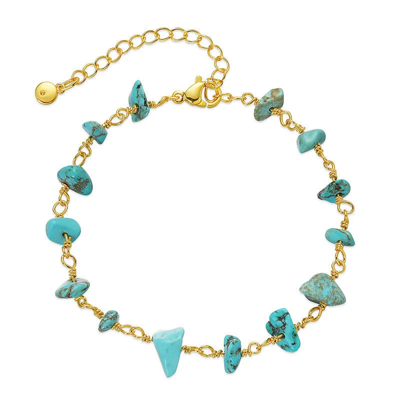 Geometric women's bracelet with irregular natural gravel turquoise stones and crystal accents on 18K copper