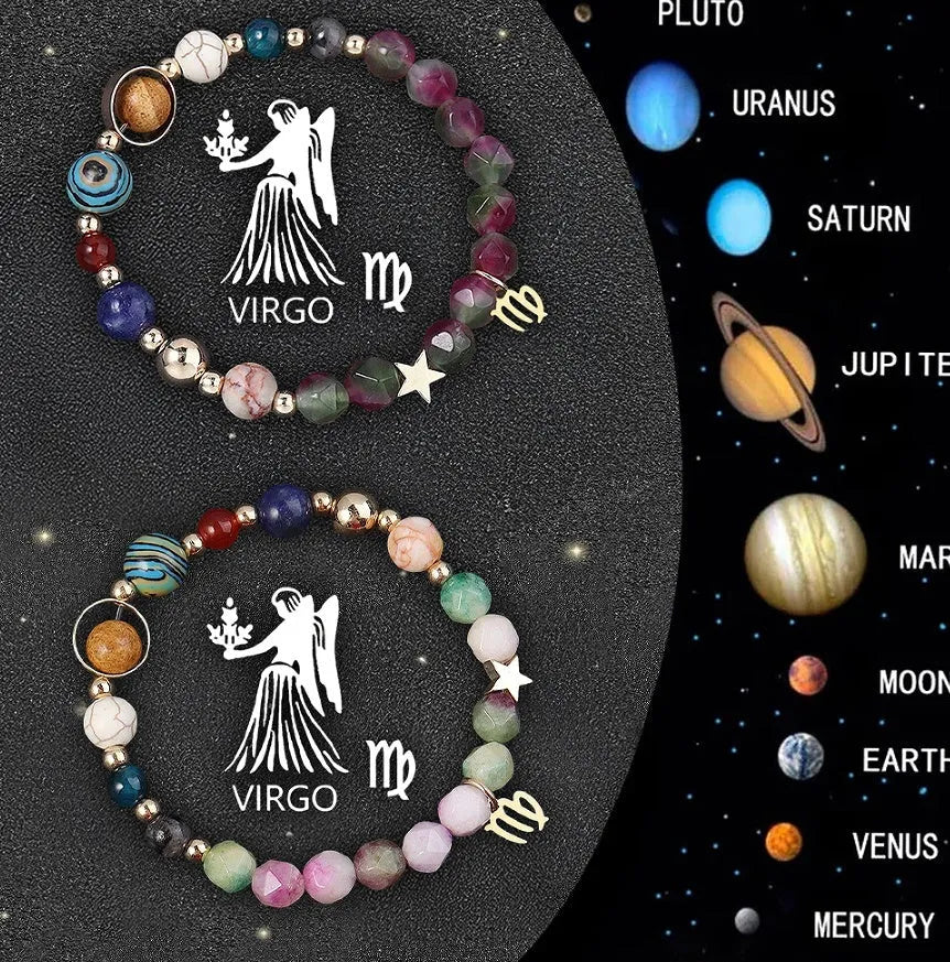 Set of twelve natural stone beaded bracelets, each representing a different zodiac sign.