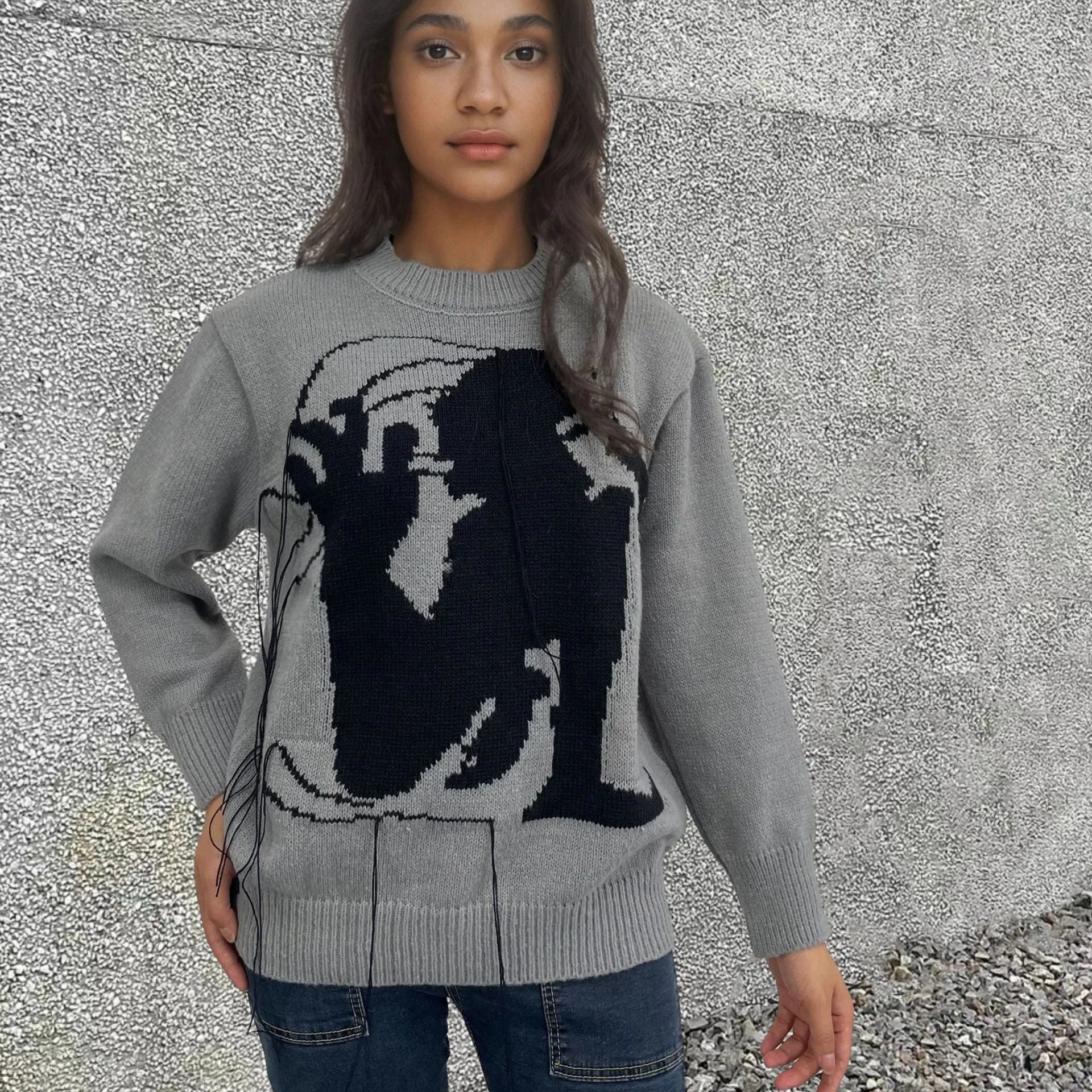 Women's loose grey alpaca wool sweater with abstract pattern tassel design round neck