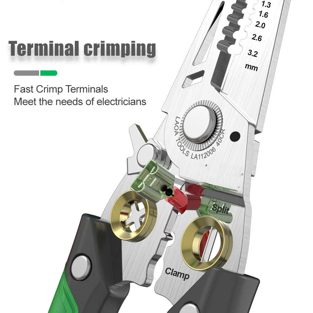 Stainless steel multifunction wire stripper tool with seven stripping ports and two-colour handle.