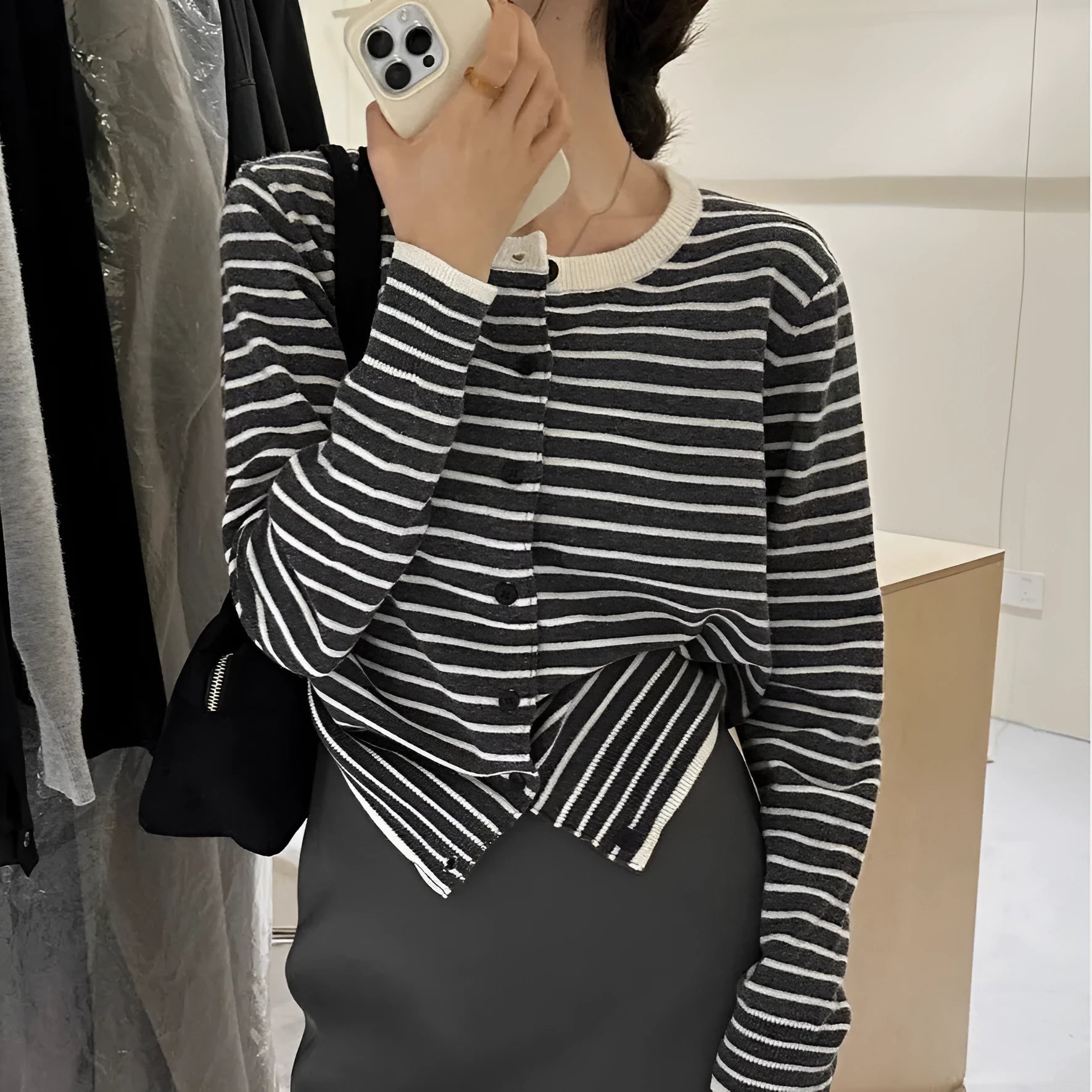 Women's dark grey and white striped French style cardigan coat with slim fit and cropped 40cm length