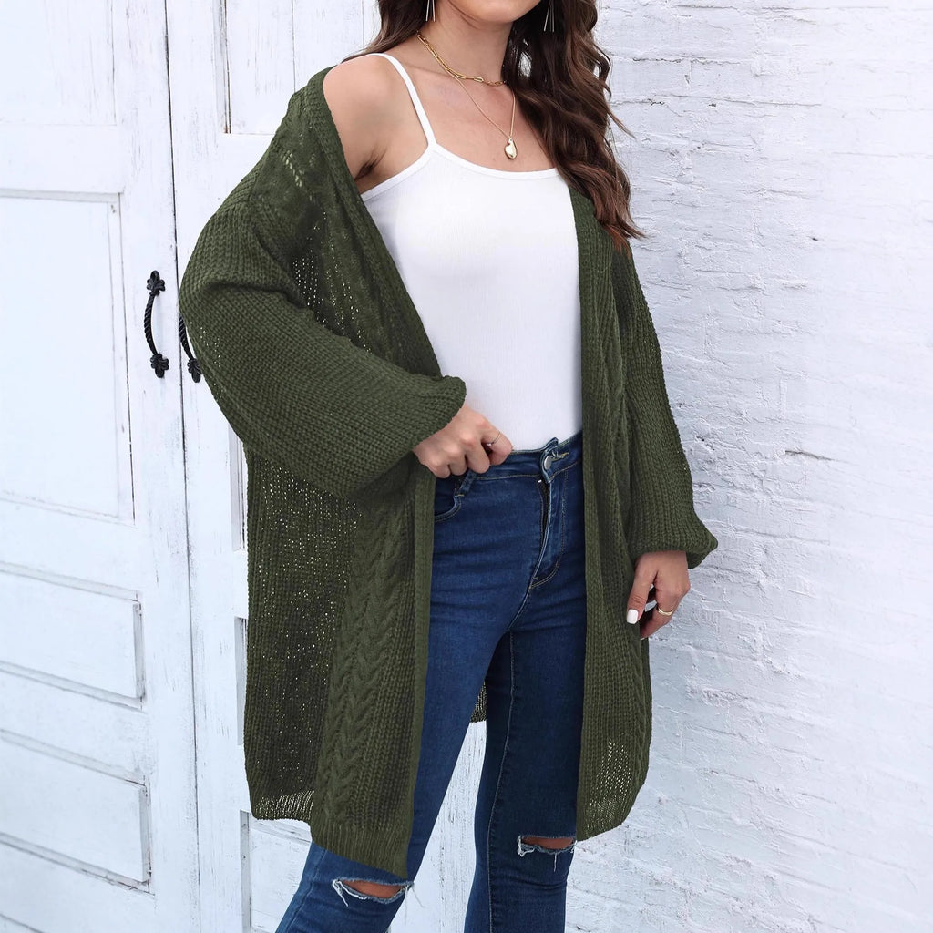 Women's loose acrylic sweater coat in solid colours including army green, black, brown, light grey, and rose red