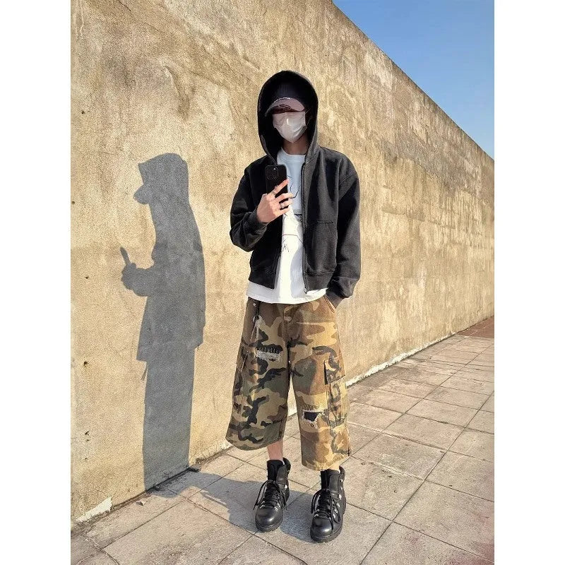 Men's camouflage cropped jeans with retro patch ripped detailing on straight cut loose fit