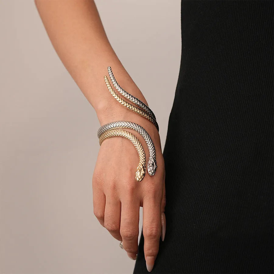 Gold electroplated twisted snake design ring and bracelet set with adjustable fastening