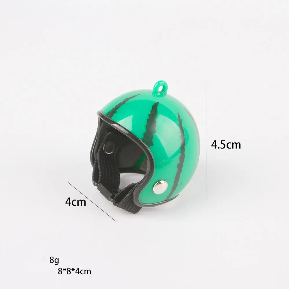 Small hard plastic helmet with elastic straps and sponge lining for a chicken or pet bird.