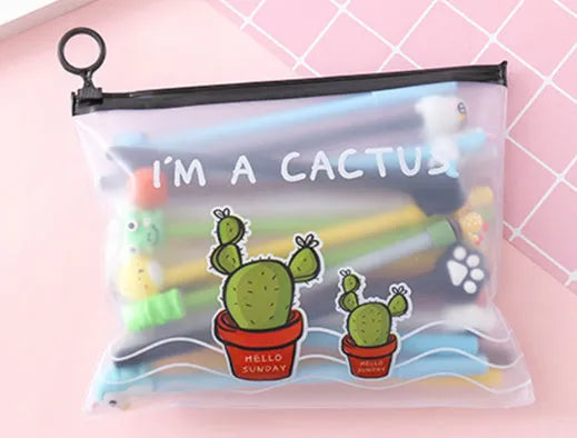 Set of twenty black 0.5mm gel pens with cartoon cactus designs in a plastic storage case measuring 21x17 cm