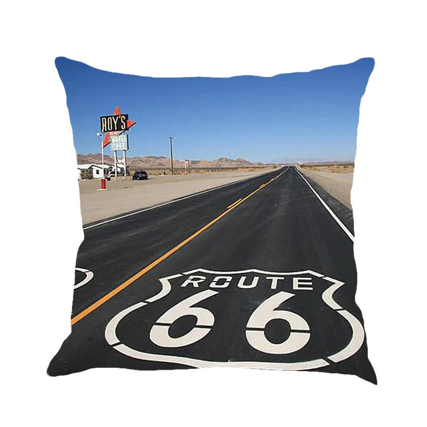 Route 66 landscape pattern on a 45x45 cm linen and cotton blend cushion cover.