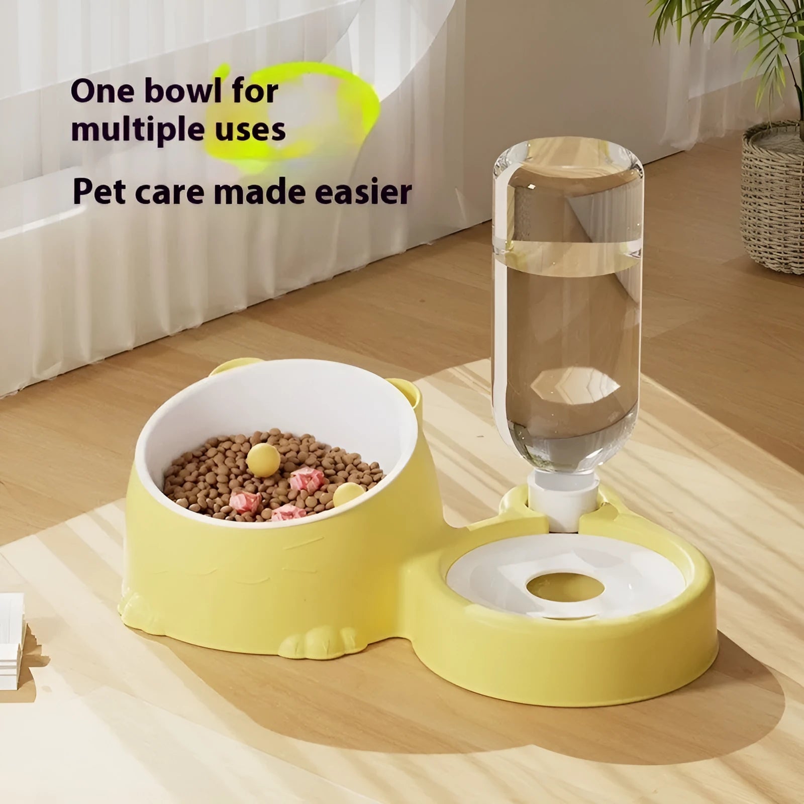 Automatic pet drinking fountain with food bowl in selected colour for cats