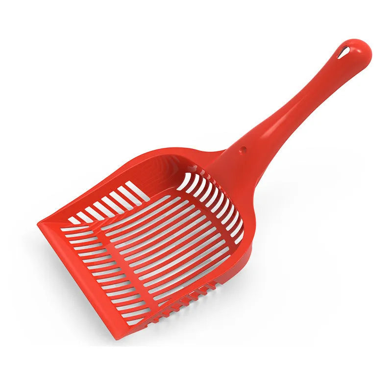 Plastic cat litter scoop with ergonomic handle in red, yellow, or blue colour options