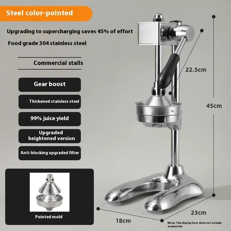 Vertical stainless steel manual juicer with multiple colour and tip options for household citrus juicing