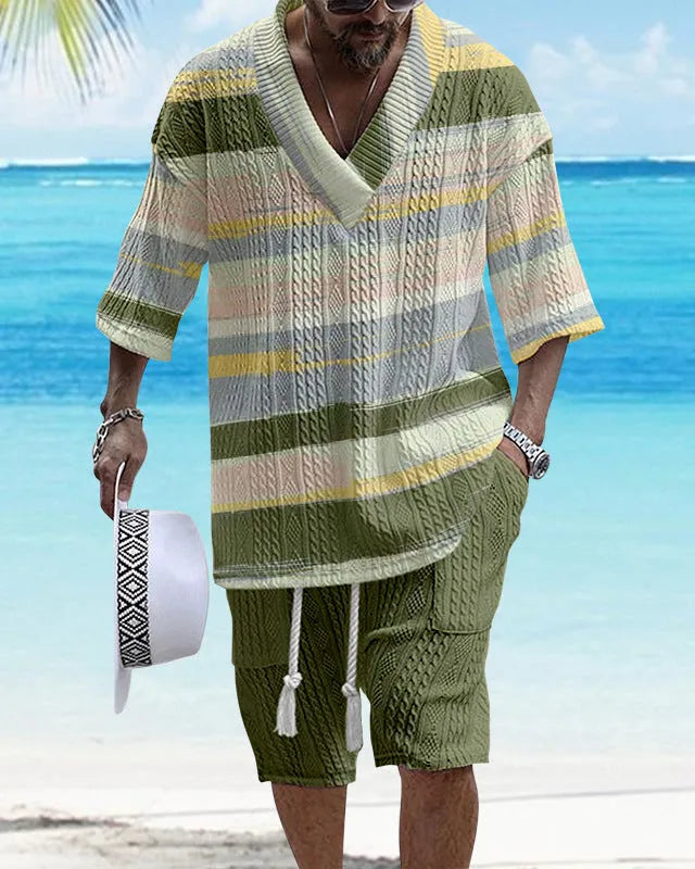 Loose casual short sleeve suit two-piece set in polyester fabric, showing top and shorts.
